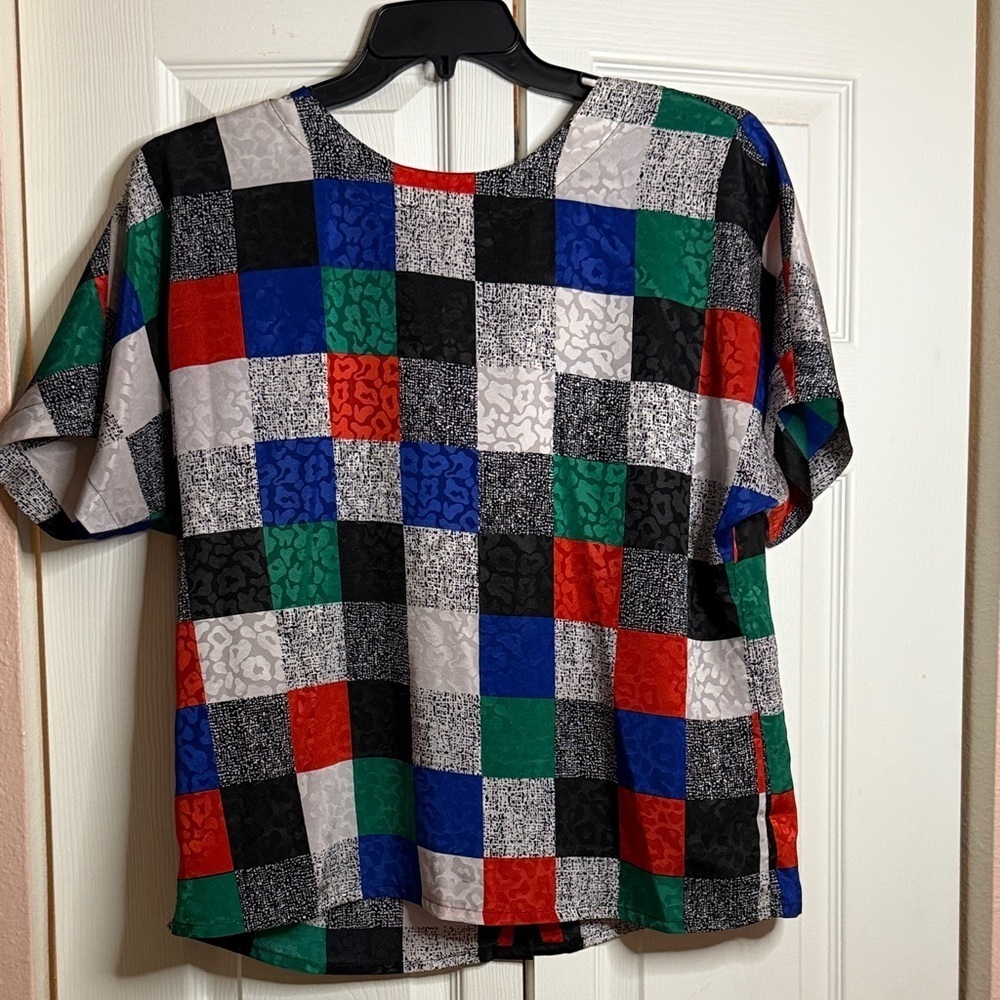 NICOLA Multicolor Checkered Short Sleeve Top size 14